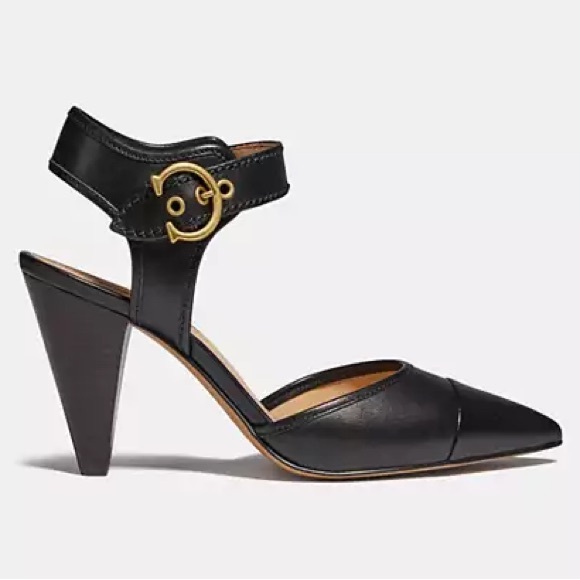 NWT Box Coach black leather “Wren” pump. gold buckle. architectural heel size 8B - Picture 9 of 11